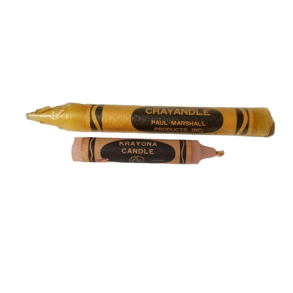 4/$25 Vintage Crayon Candle lot of 2 Crayandle Paul Marshall Yellow & Krayona